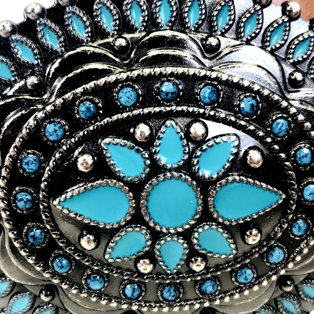 Faux Turquoise Buckle Leather Belt S M Women Concho Silver Brown Western 26-32 - Picture 2 of 14